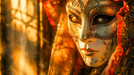 Golden Venetian Mask in Radiant Sunset Light.