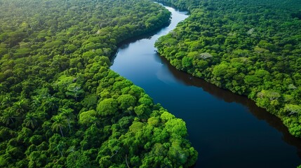 Fototapeta na wymiar An expansive aerial view of a winding river cutting through lush forests