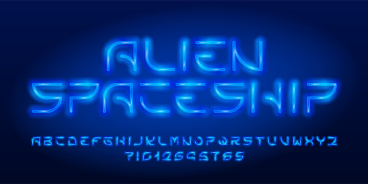 Alien Spaceship alphabet font. Neon color futuristic letters and numbers. Stock vector typescript for your design.