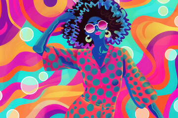 Retro Groove: Colorful Illustration of a Funky Woman with Afro Dancing in a Psychedelic Setting