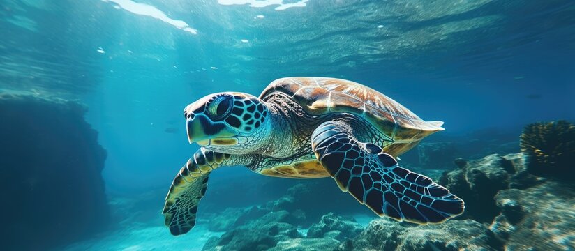 A sea turtle, identified as a large green species, is seen swimming in the tropical waters of the ocean. The turtle gracefully moves through the clear blue water, surrounded by vibrant coral reef
