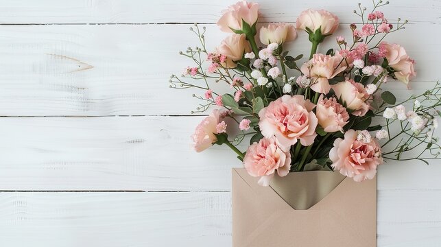 Image of envelope with delicate pastel pink beautiful flowers arrangement over white wooden background. Flat lay, top view,generative ai, generative,ai