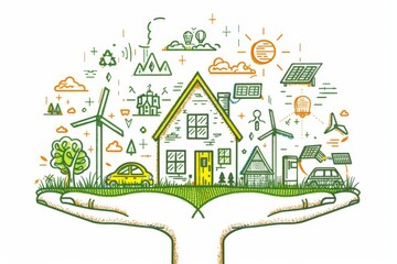 Smart Home Home automation ecosystem revolution & Smart home ecosystem evolution. Renewable Energy Charging station service. House Zero emission vehicles Real Estate Renewable energy sources