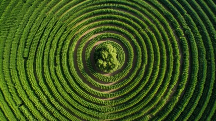 Fototapeta na wymiar An overhead view of geometric crop circles within an agricultural setting