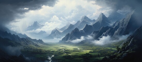 A painting depicting a grand mountain range under a dark blue sky, with a river meandering through the scene. The rugged peaks dominate the landscape, while the river gracefully flows through the
