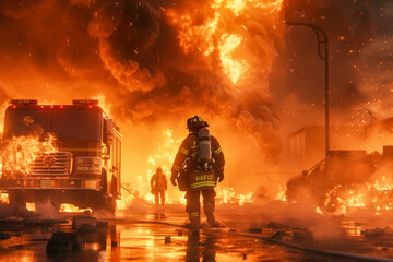 Brave Firefighter Standing Fearlessly in the Midst of a Fiery Blaze