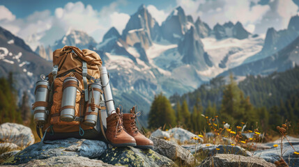 A traveler's backpack equipped with essentials and hiking boots positioned on rocks with picturesque mountain scenery in the background