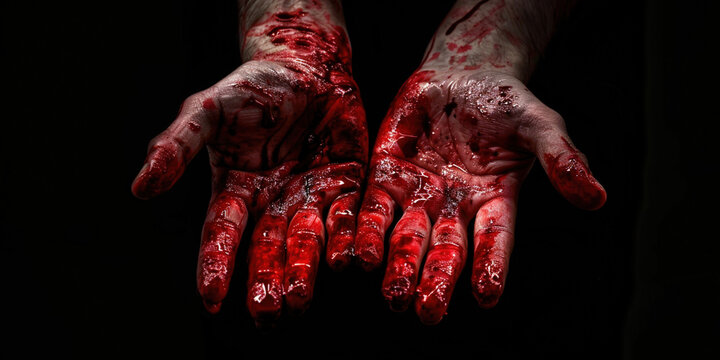 Murder, violence, Halloween, maniac, war, being guilty concept. Bloody hands are isolated on a dark black background. Arms in total blood