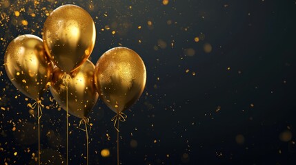 Gold balloons with falling foil confetti on black and white background ,party concept