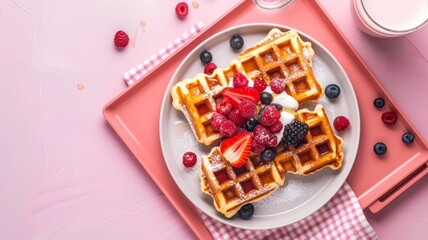 A modern breakfast presentation with golden waffles topped with lots of berries and a dollop of cream, served on a modern pink tray with a playful berry sauce and a glass of milk. Copy Space. Mockup.