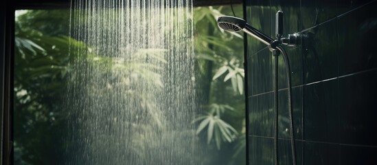 A shower head releasing a stream of water resembling rain, providing adjustable strength for cleaning or showering. The water flows steadily from the head in a blur, creating a refreshing and