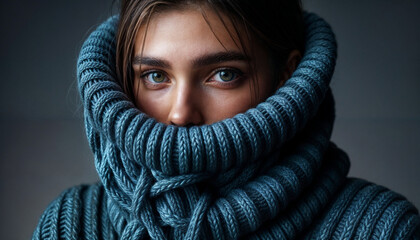 A woman's striking blue eyes peer out from beneath a cozy knit scarf wrapped around her face, conveying a sense of warmth and mystery.