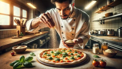 Selbstklebende Fototapeten Skilled chef meticulously garnishing a homemade pizza with fresh cheese in a rustic kitchen setting, encapsulating culinary artistry. © marie