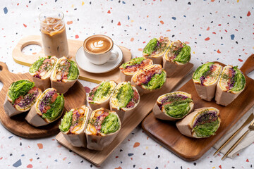 Ham, cheese, sandwiches, eggs, basil, tomatoes, chicken, spicy, wasabi, crab meat, chicken tender, teriyaki, cafe latte,