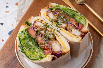 Ham, cheese, sandwiches, eggs, basil, tomatoes, chicken, spicy, wasabi, crab meat, chicken tender, teriyaki, cafe latte,
