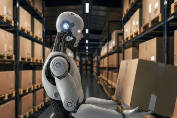Fototapeta premium robot works in the warehouse as a sorter and loader. detailed realistic humanoid robotics, artificial human.