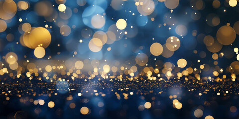 Fototapeta na wymiar gold and blue bokeh glitter lights abstract Background particle defocused.Sparkling on blue background..Background bokeh blur circle variety blue gold. Dreamy soft focus wallpaper backdrop