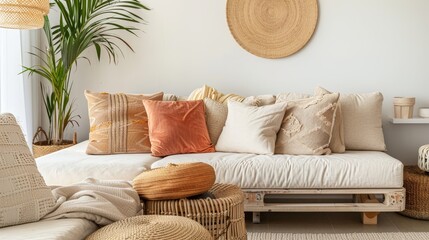 Modern living room, sofa with white and terracotta pillows.