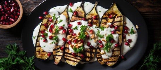 A square black plate is filled with grilled eggplants, topped with a savory garlic yogurt sauce, crunchy walnuts, and juicy pomegranate arils. The food is placed on a rustic wooden table, viewed from