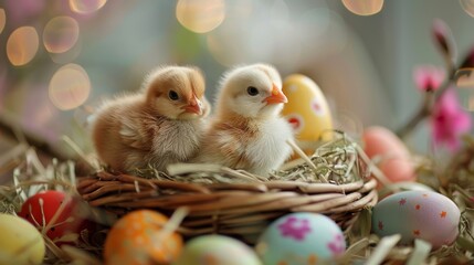 Two newborn chicks cuddle together in a nest surrounded by decorated Easter eggs, with a backdrop of soft, glowing lights.