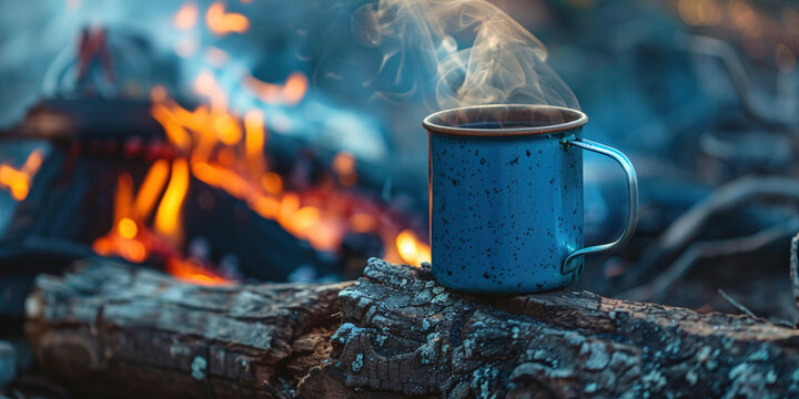 Sustainable travel traveling in wild nature vacation time-spending trekking backpacking sleeping outside camping advert concept. Blue metal cup of steaming hot beverage drink with fire place