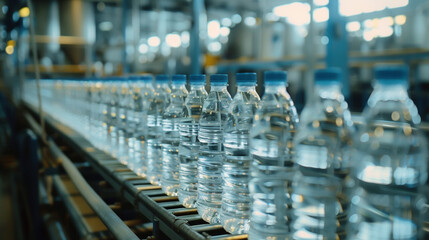 Bottles of water are being produced on a conveyor belt