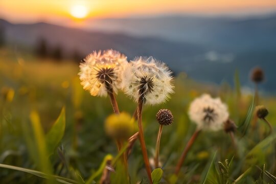 Wild grasses with dandelions in the mountains at sunset. Macro image, shallow depth of field. Summer nature background. Generative AI