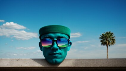 Blue-Headed Man at the Beach simple Surrealist background