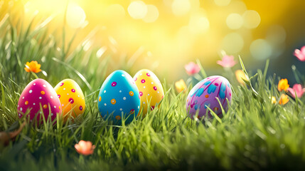 Easter eggs on spring grass, spring easter concept