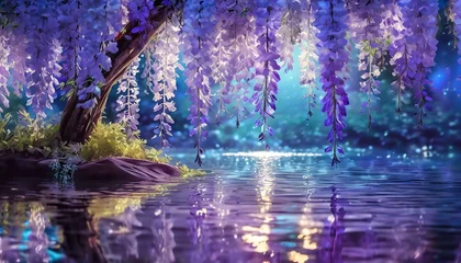 Fotobehang Blue hour light and wisteria flowers © nekousagi