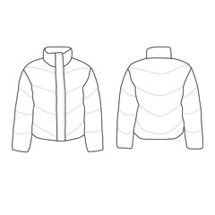 Template vector illustration hand drawn of women Quilted Puffer Jacket line art, front and back view, isolated on white background for kids coloring book. © didiwidjanarko