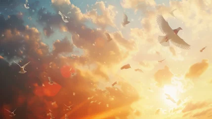 Poster Morning sky sunrise with doves flying © Media Srock