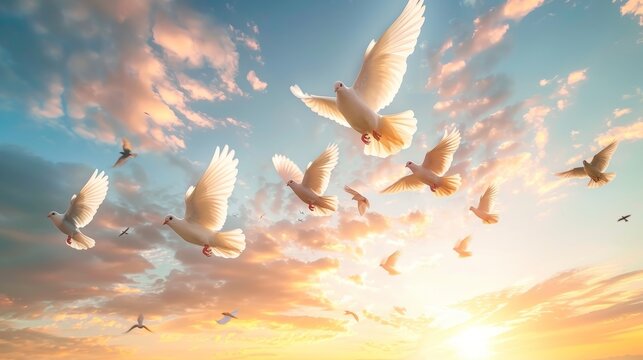 Morning sky sunrise with doves flying