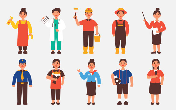 A set of illustrations representing various professions, from healthcare to construction, perfect for educational or workforce themes.