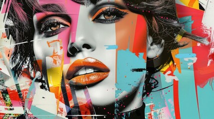 Pop Art Collage. A woman's face artfully integrated into a retro trendy paper collage composition....