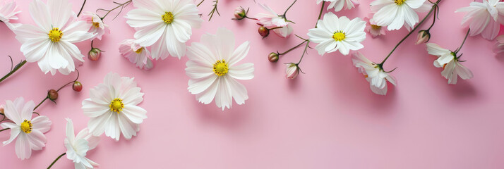 Naklejka na ściany i meble white daisy flowers on pink background , banner, empty space for text, minimalist composition