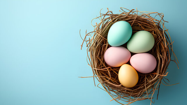A nest with a blue background. The eggs come in different colors, including pink, yellow and blue. The nest is surrounded by branches and flowers, creating a peaceful and natural atmosphere.