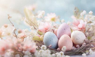 Fototapeta na wymiar A nest of eggs with flowers surrounding it. The eggs are of different colors, and the flowers are pink. Concept of warmth and new beginnings, as the eggs represent new life