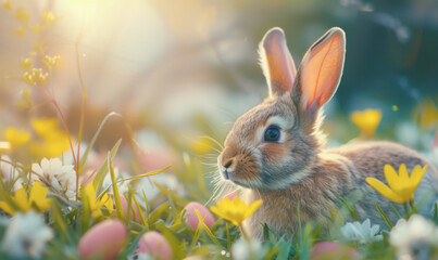 A rabbit is sitting in a field of flowers. The rabbit is looking at the camera. The scene is peaceful and serene
