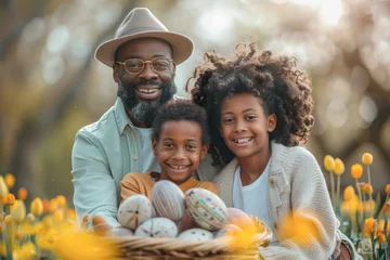 Foto auf Acrylglas A man and two children are posing for a picture in a field of yellow flowers. The man is wearing a hat and glasses, and the children are holding baskets of Easter eggs. The scene is cheerful © Aiyawarin