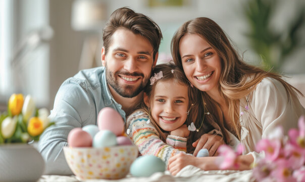 A family of three, a man and two children, are posing for a photo in front of Easter eggs. Scene is happy and joyful, as the family is smiling and enjoying each other's company