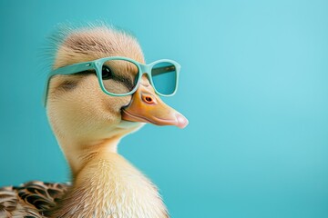 photo portrait of a duck in green glasses on a pastel turquoise background. empty space for text. Banner. Bird, animal