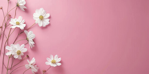 Fototapeta na wymiar white daisy flowers on pink background , banner, empty space for text, minimalist composition