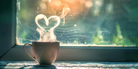 Steaming cup mug with steam in shape of a heart. Romantic cozy morning in kitchen, motivation to wake up in the morning. Valentines day share love yourself concept