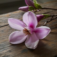 one pink flower on a branch of blooming magnolia close-up on a wooden table