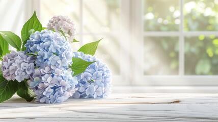 Beautiful background of hydrangea flowers with a clean, empty wooden table - obrazy, fototapety, plakaty