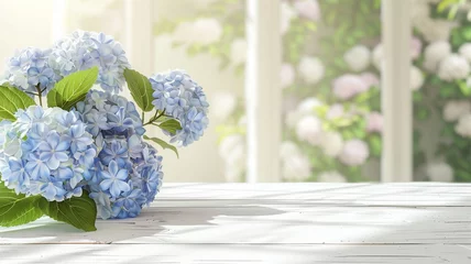 Rolgordijnen Beautiful background of hydrangea flowers with a clean, empty wooden table © zetrum