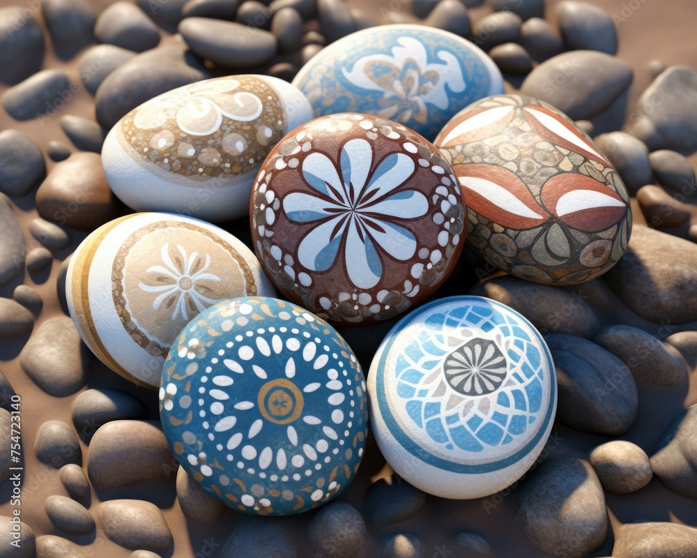 Sticker A stunning collection of artfully decorated pebbles in vibrant colors. Generative AI.