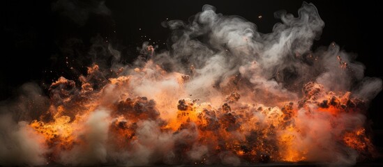 A large amount of orange and white smoke billowing on a black background, likely resulting from fire crackers igniting. The smoke appears thick and dramatic, filling the space with vibrant hues