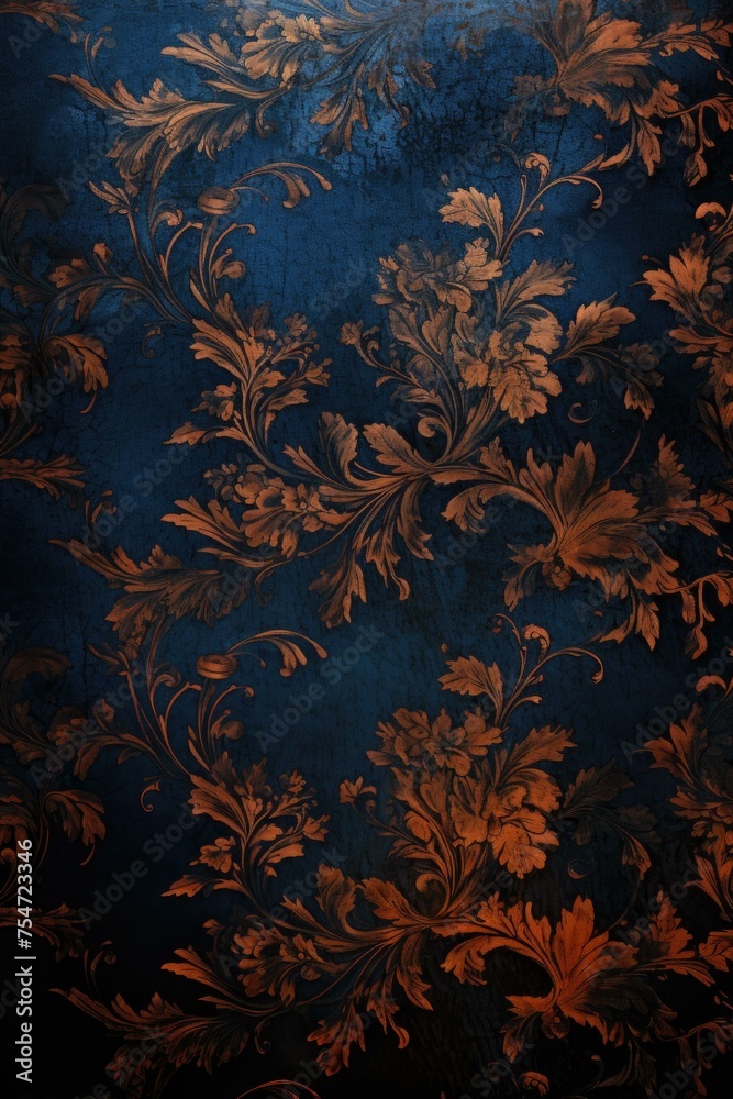 Poster A luxurious vintage floral wallpaper with navy blue and antique copper details, perfect for an elegant Victorian ambiance. Generative AI.